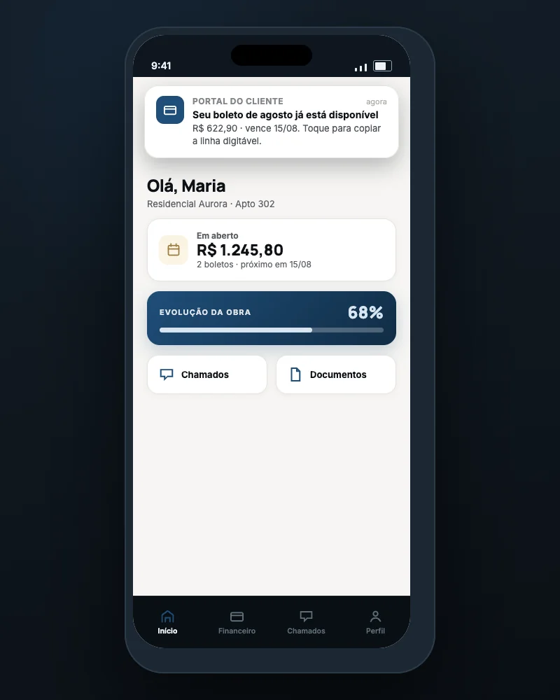 Prévia do aplicativo com a marca da incorporadora, exibindo aviso de boleto disponível com valor, vencimento e opção de copiar a linha digitável.
